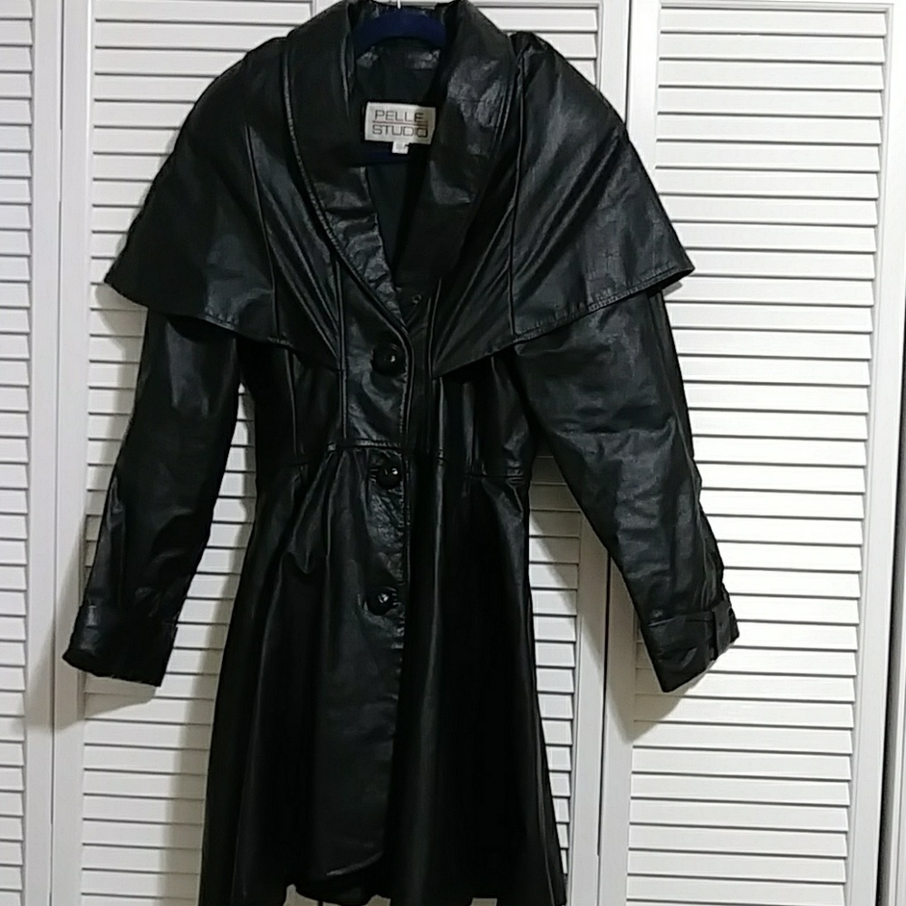 Black leather, dress length jacket